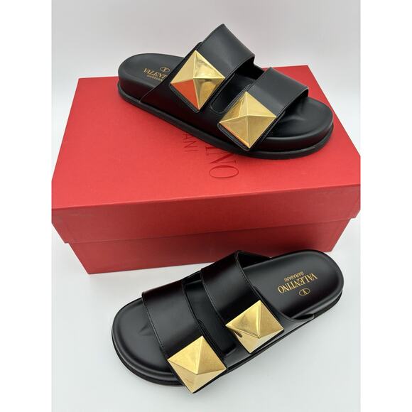 Valentino Shoes - Authentic Valentino One Stud Rockstud Two Strap Sandal Black Gold Size 37.5 Dad